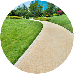 Pathway leading through lush lawns and gardens